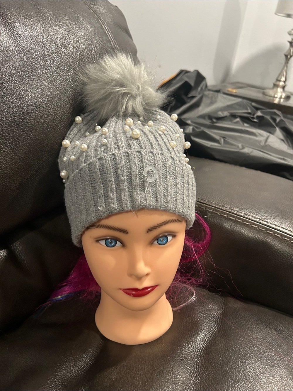 Compliments Gray Pearl-Embellished Pom Beanie - Women Accessories